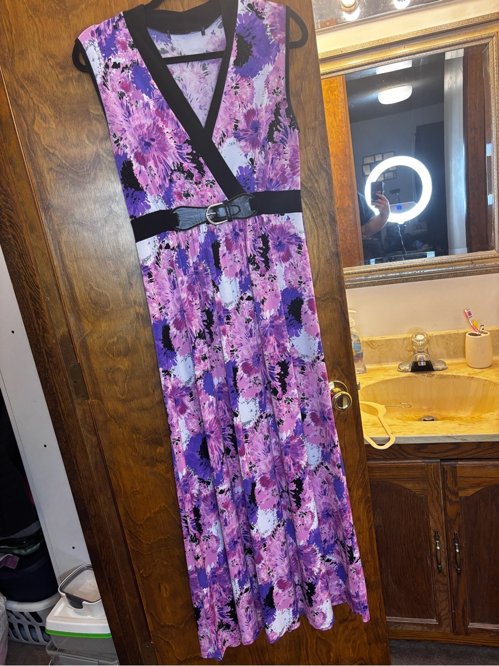 Sleeveless Floral Purple Maxi Dress with Black Trim